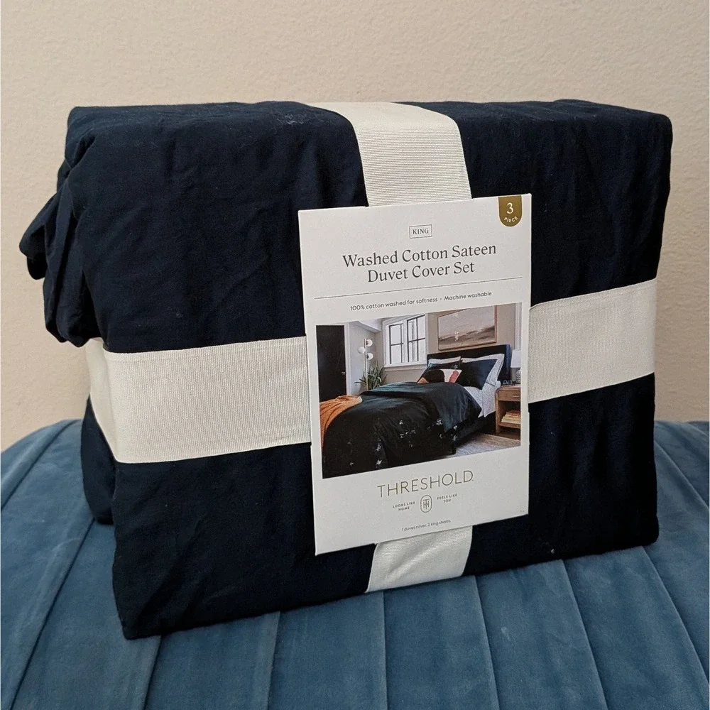 New Threshold‎ Washed Cotton Sateen Duvet Cover and Sham Set Dark Navy King